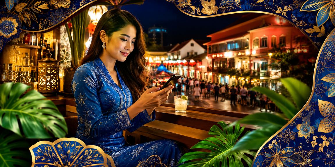 Pengguna wanita berpakaian baju kurung menggunakan kasino mudah alih mu888 di Malacca Malaysia
